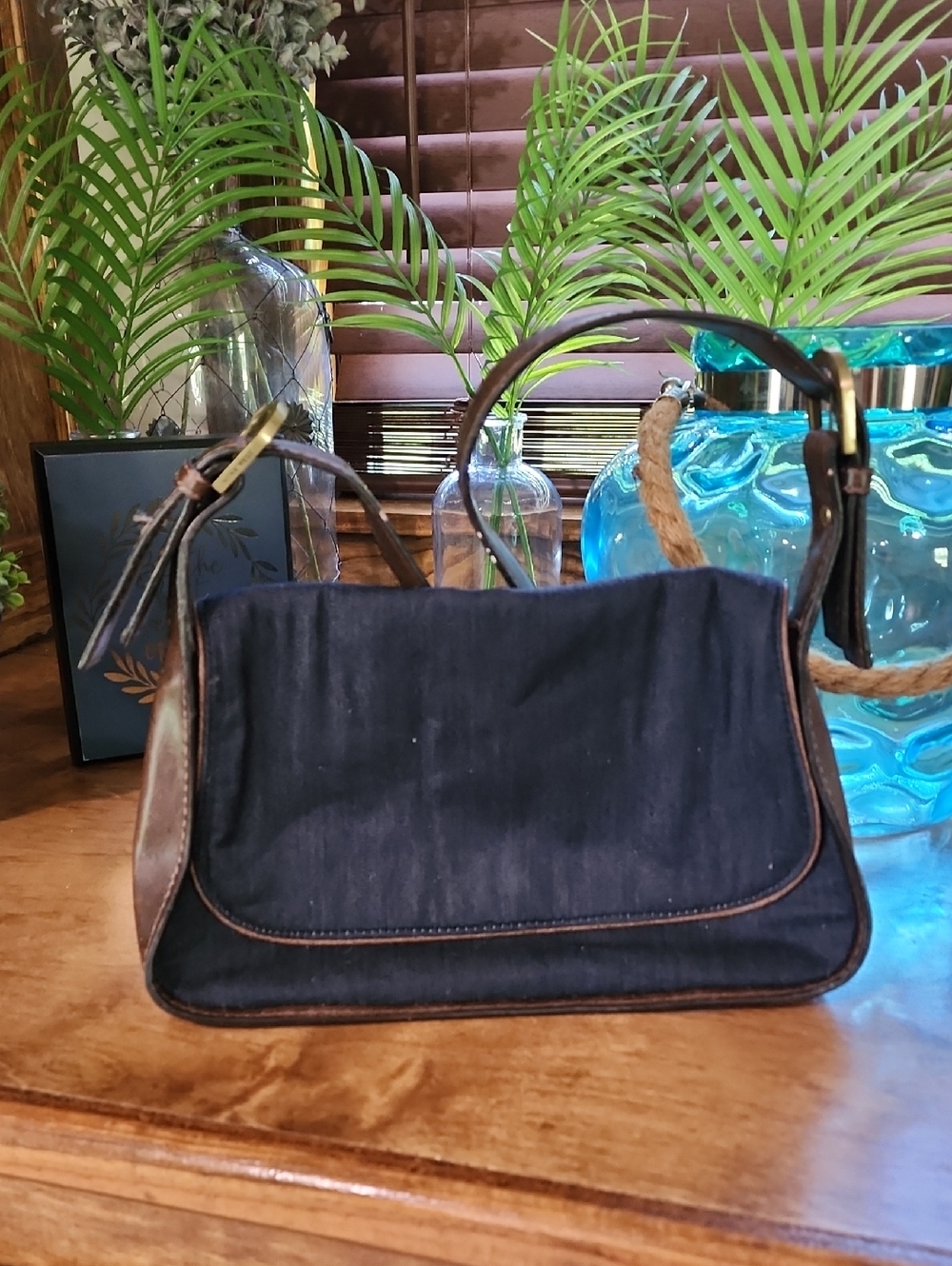 Navy/Jean Material Shoulder Bag with Brown Trim